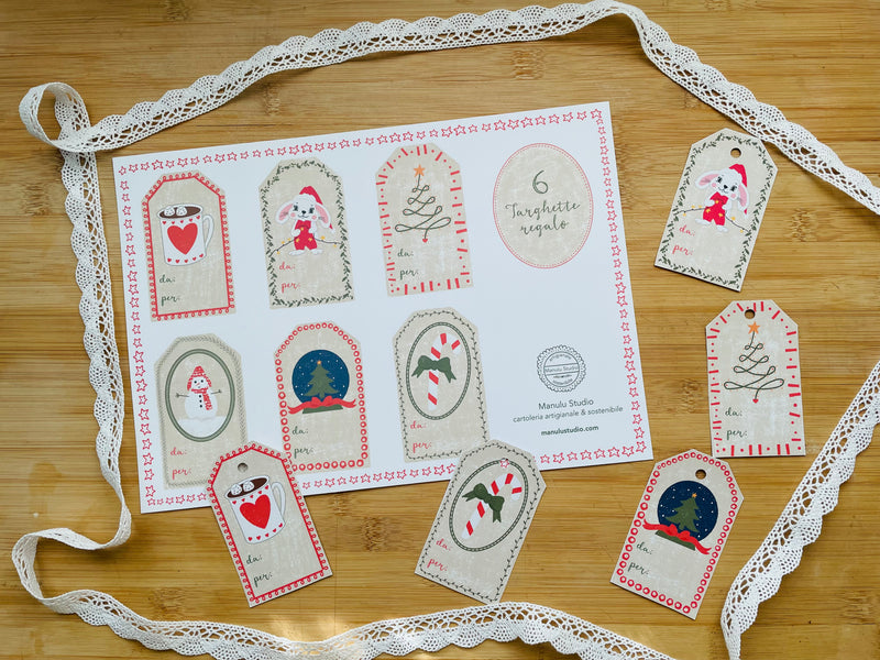 handmade eco-friendly holiday gift tags with festive illustrations.