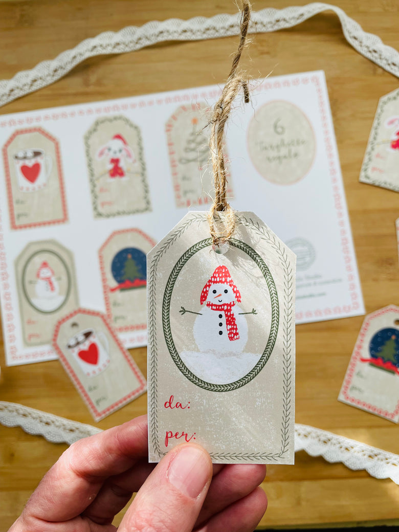 holiday gift tags with hand-drawn winter decorations